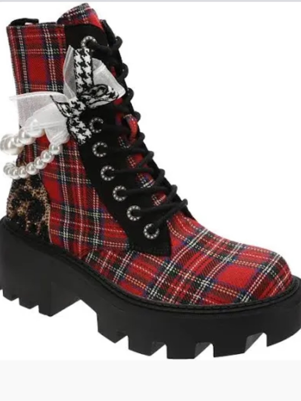 BETSEY JOHNSON Red Plaid Lace-Up Platform Ankle Boot